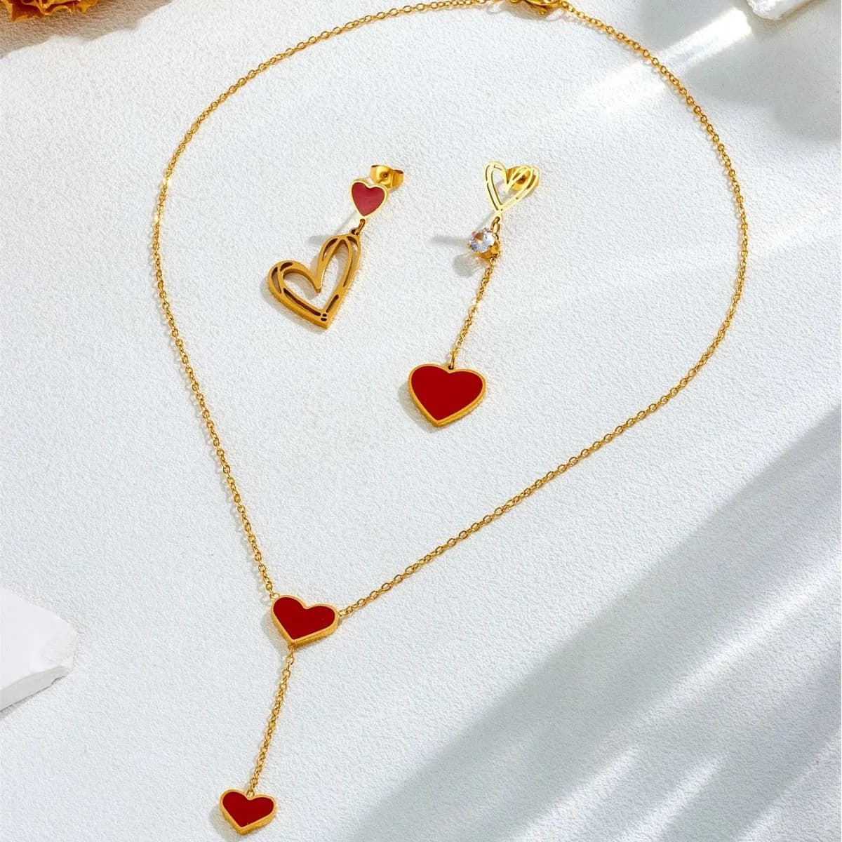 Stainless Steel Lovely Enamel Red Heart Pendant Necklace Earrings Set for Women Trend Irregular Jewelry Set Valentine's Day Gift