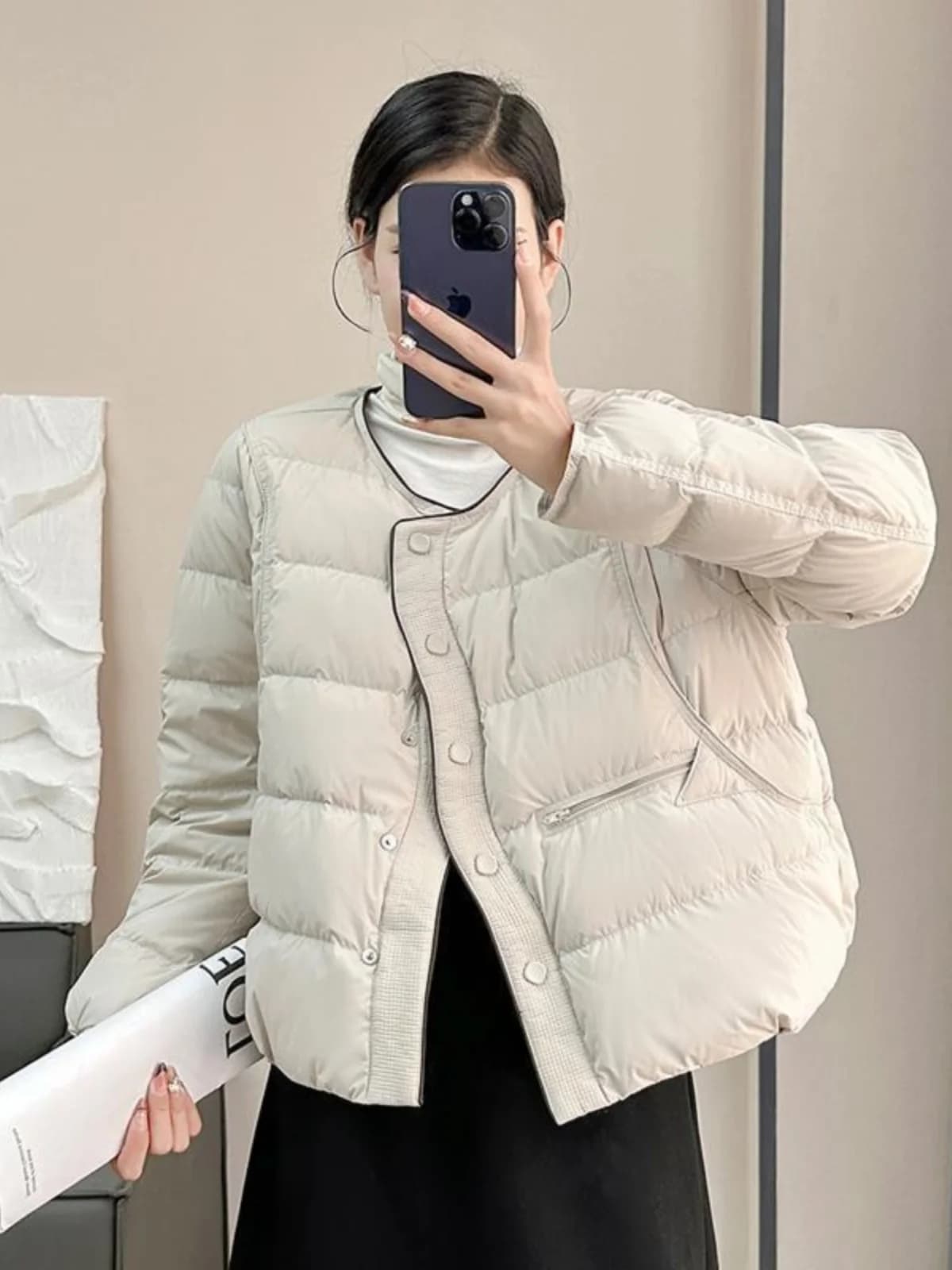 Women's Cotton Jacket Lightweight Short Style Winter Fashion round Neck Loose Warm Outerwear Thickened Long Sleeve Commute
