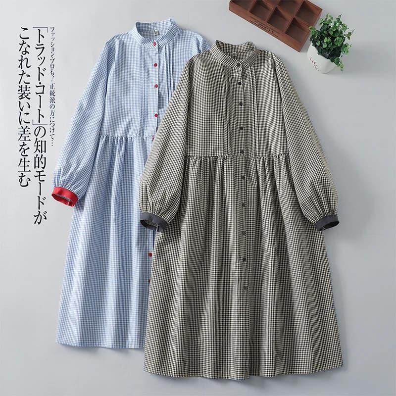Cardigan Lungo da Donna in Cotone e Lino a Quadri Stile Giapponese, con Collo Alto, per Primavera Autunno, Modello Slim Fit