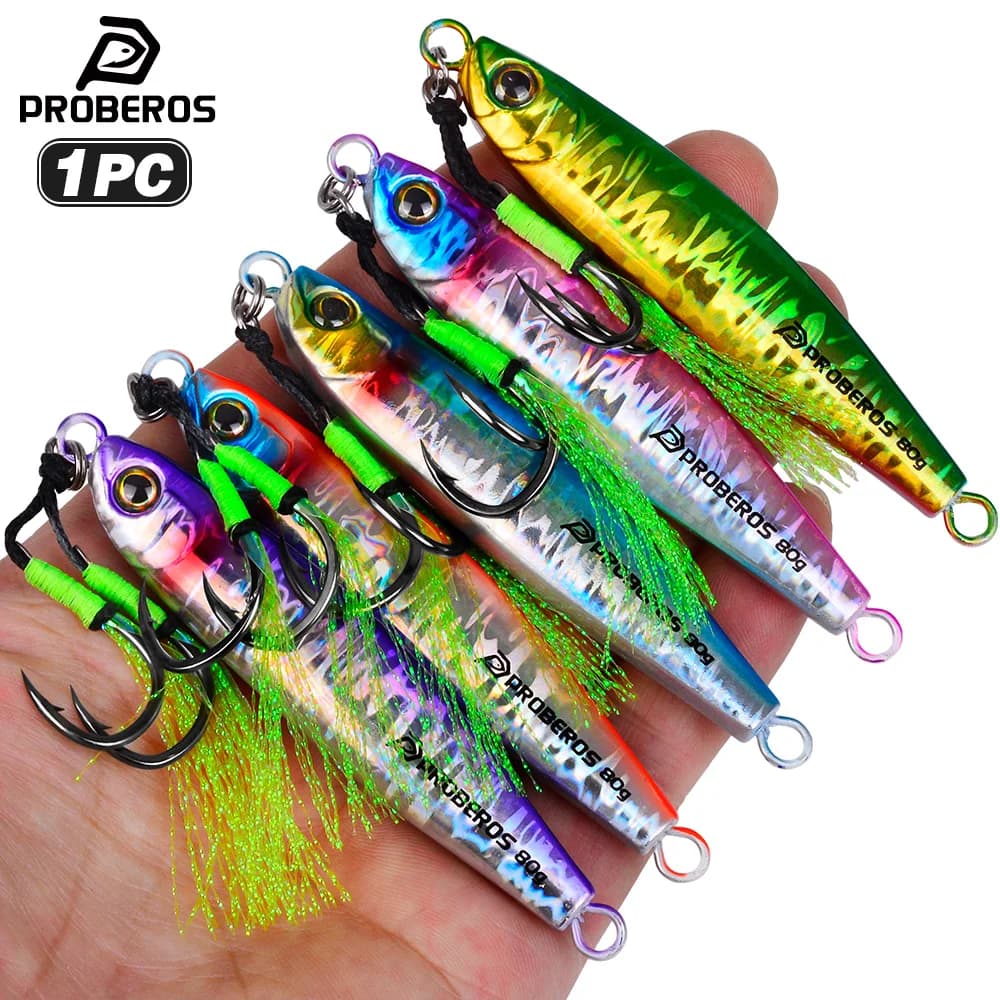 Proberos 1PC Esca Artificiale Affondante in Metallo con Occhi 3D e Rivestimento Colorato, per Traina, 35-80g, per la Pesca al Branzino