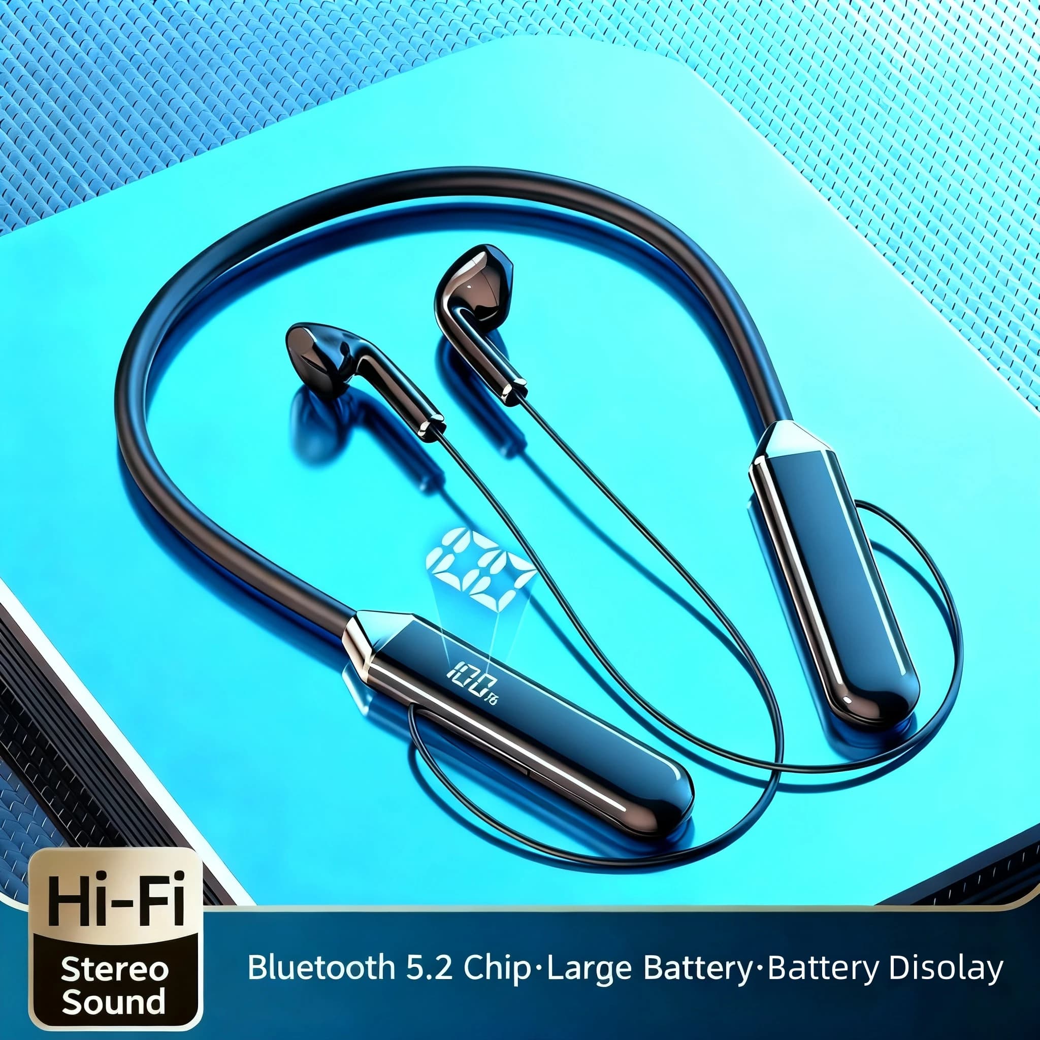 New sports headset with neck bow, smart digital display, Bluetooth headset, rechargeable, long life, wireless headphones at the neck
