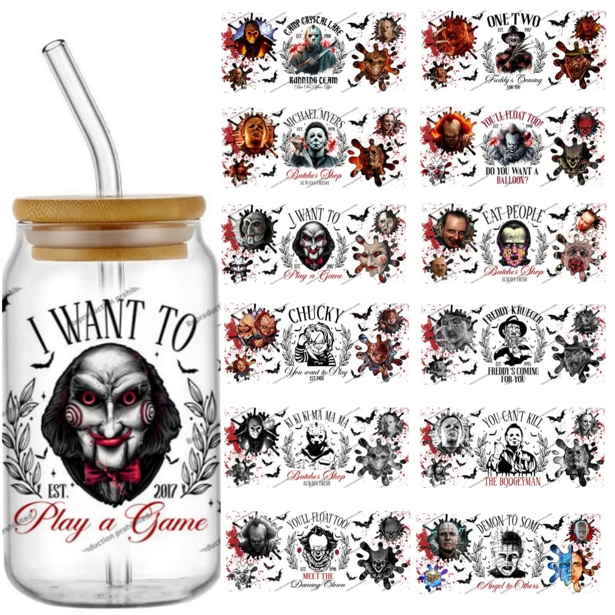 Halloween horror movie Killer Design UV DTF Sticker for 16ozCup Glass Wrap Transfer Sticker Label DIY Logo Self adhesive