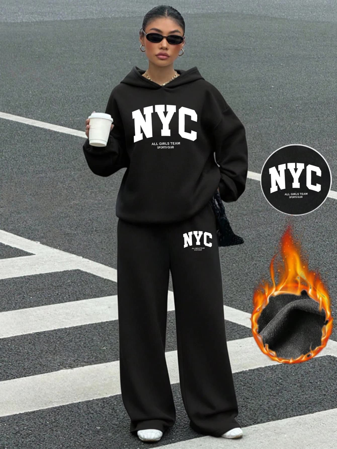 NYC Print Fleece Women Tracksuit Oversized Hoodie Wide Leg Pants 2 Piece Casual Streetwear Set