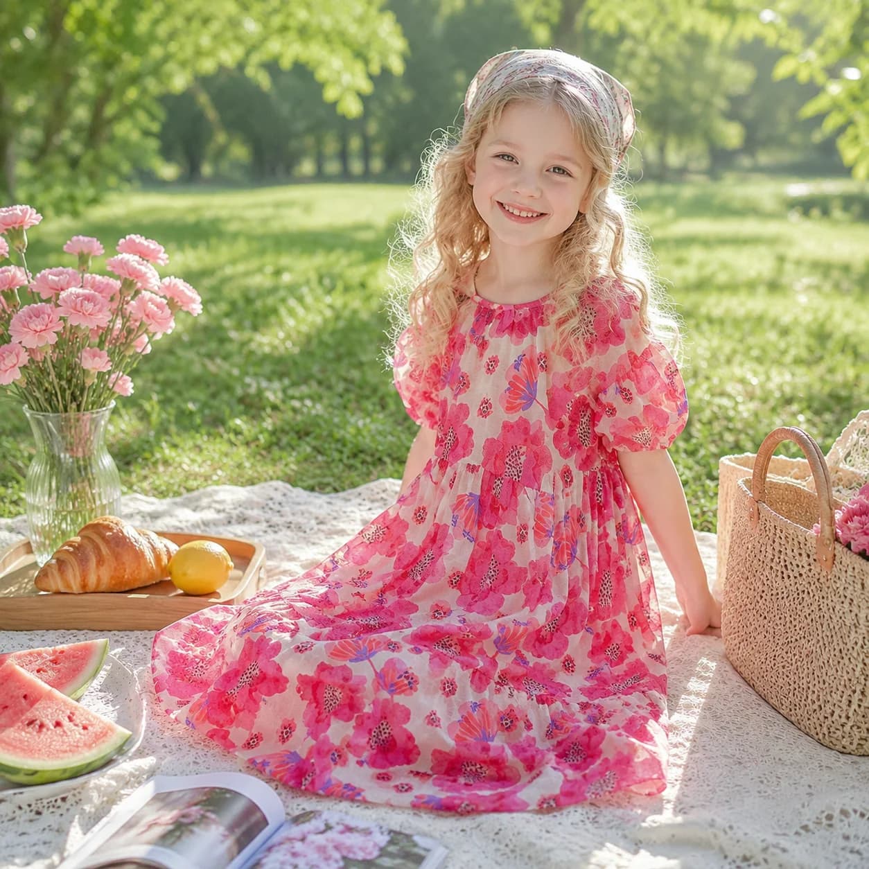 Children's Princess Dress Big Flower Print Loose Fit Ankle-Length Cotton Summer Dress for Party Birthday Gift Pink