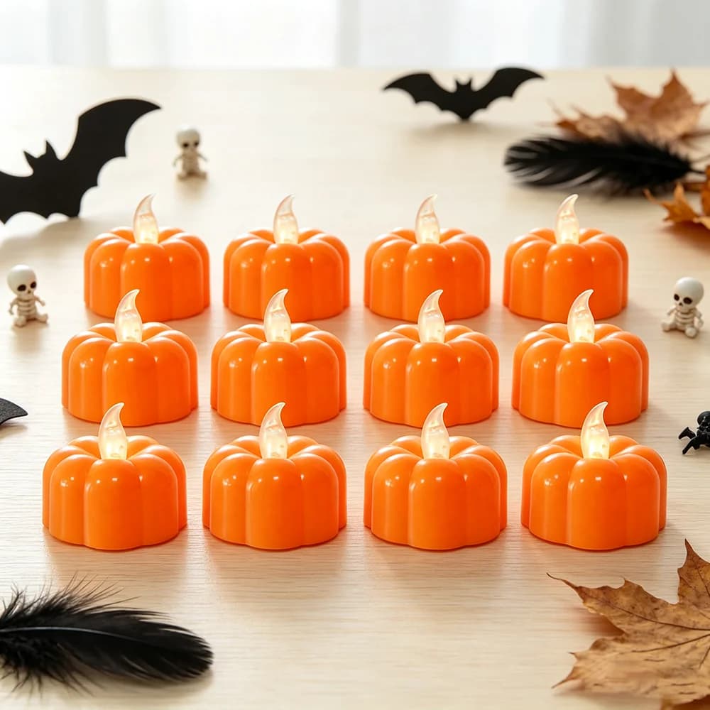 12Pcs Flickering Warm White LED Pumpkin Tealight Candles, Fake Candle Lights for Halloween Thanksgiving Day of The Dead Decor