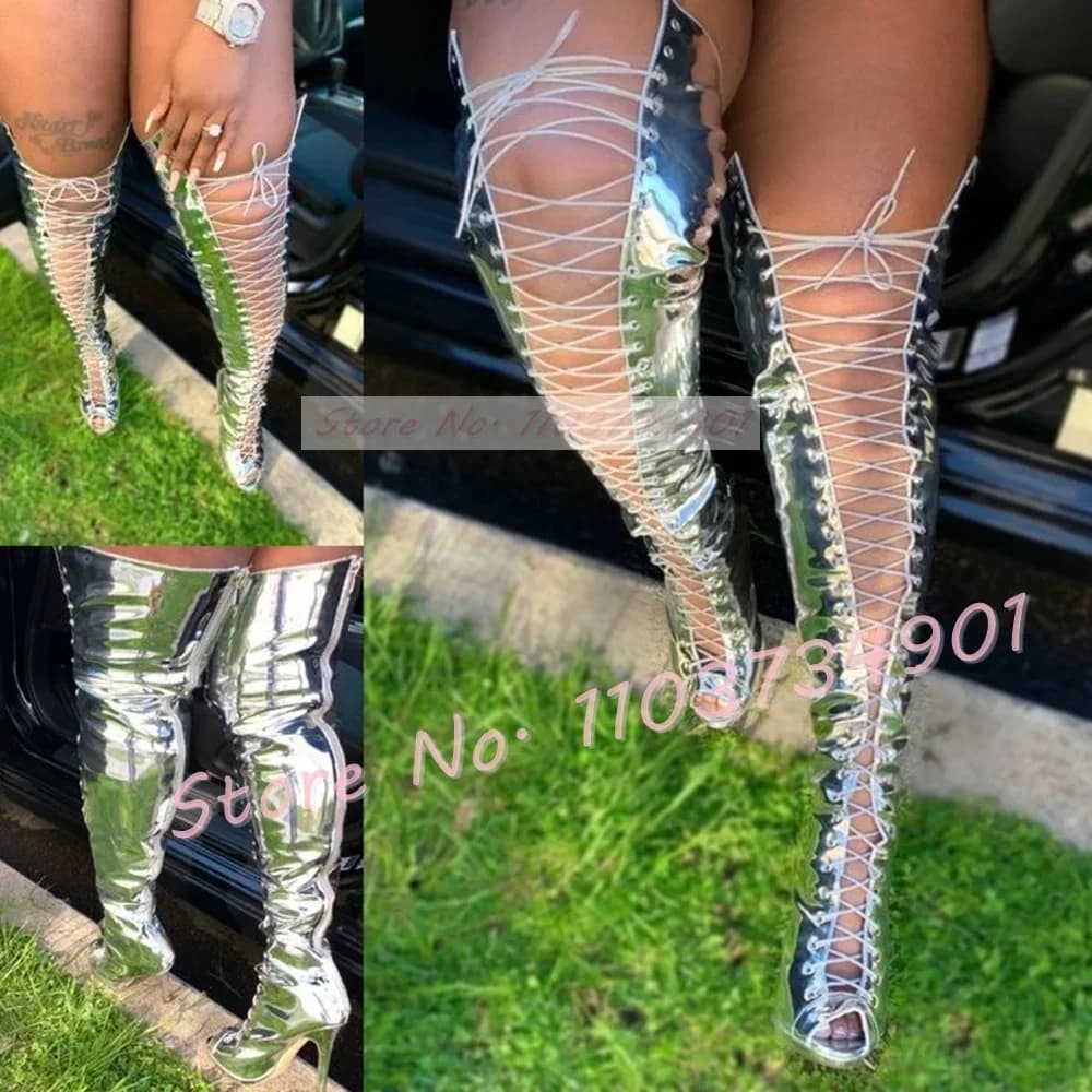 Stivali alti alla coscia con cerniera argento con lacci Stivali alti da donna in pelle a specchio cava con punta aperta Scarpe con tacco alto Stivali solidi moda sexy femminile