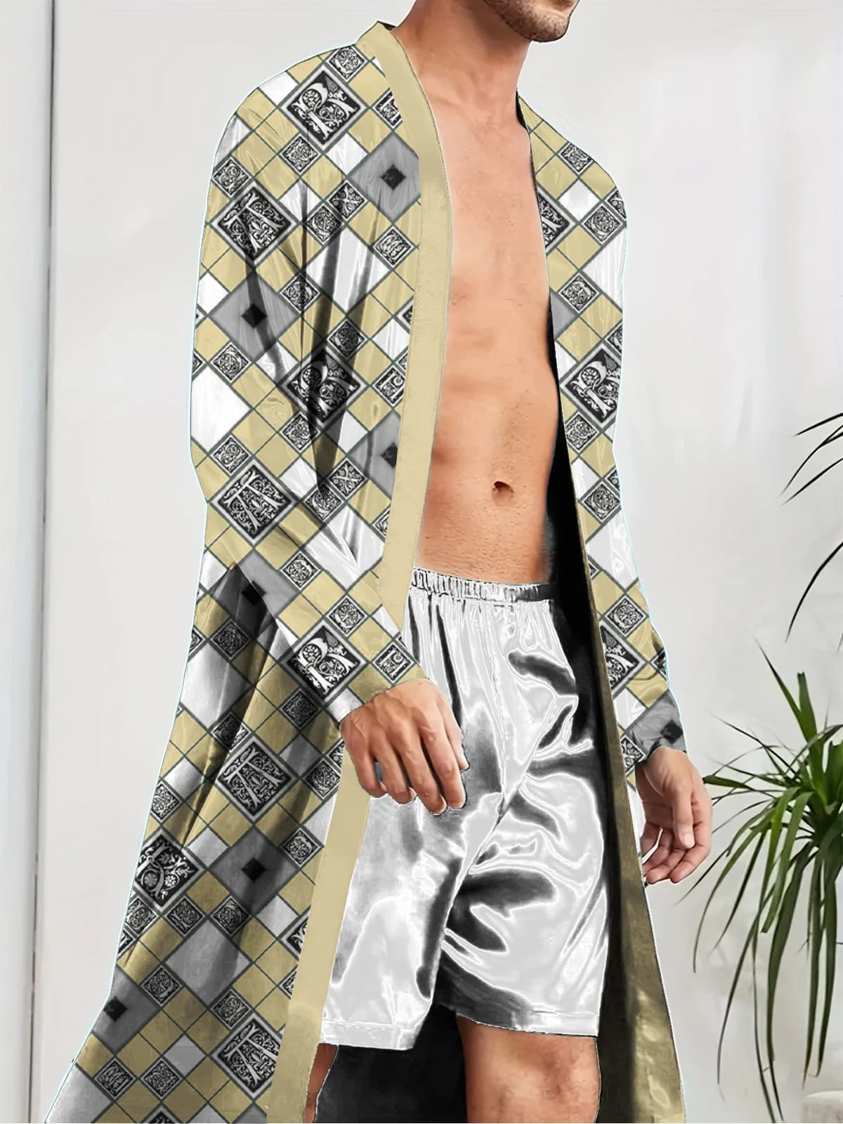 Long nighttime funny spring and autumn man's shirt with fashionable digital print, comfortable bathrobe for quick drying free time.