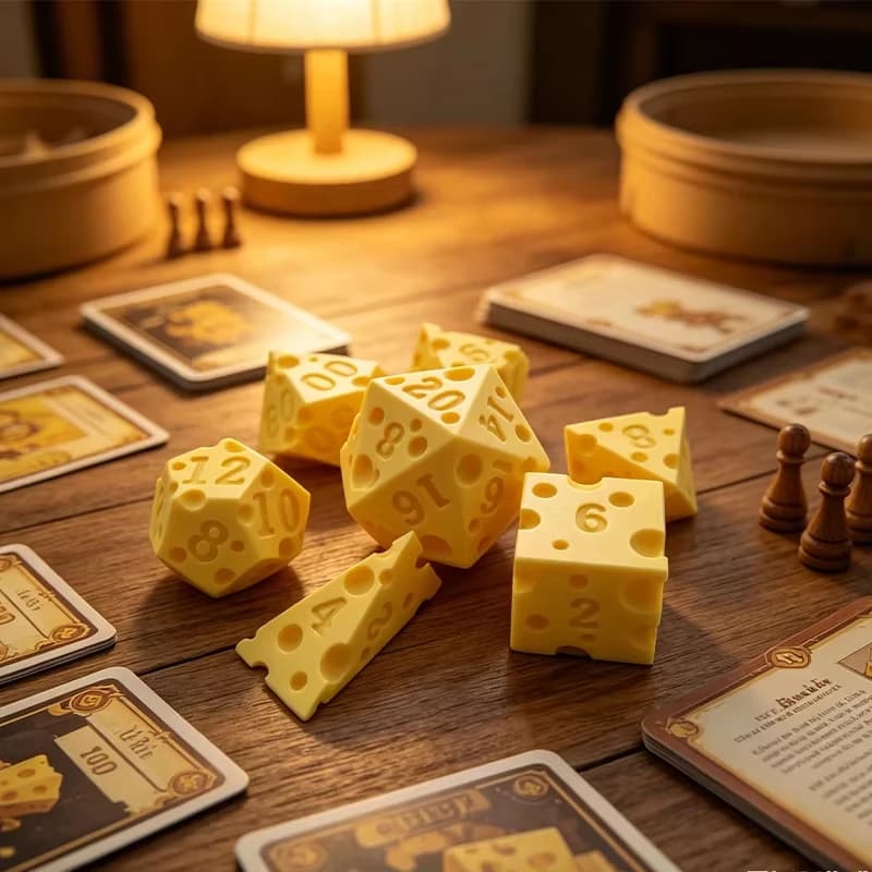 Set di Dadi Poliedrici a Forma di Formaggio Divertenti, Dadi Irregolari Portatili D4 D20 per Giochi di Ruolo DND, Giochi da Tavolo Creativi per Feste in Famiglia