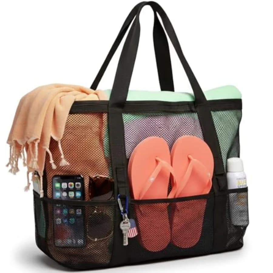 Borsa da Spiaggia in Rete F-color per Famiglia - Grande Borsa con 9 Tasche per Giocattoli da Piscina, Crociere e Essenziali per Vacanze al Mare