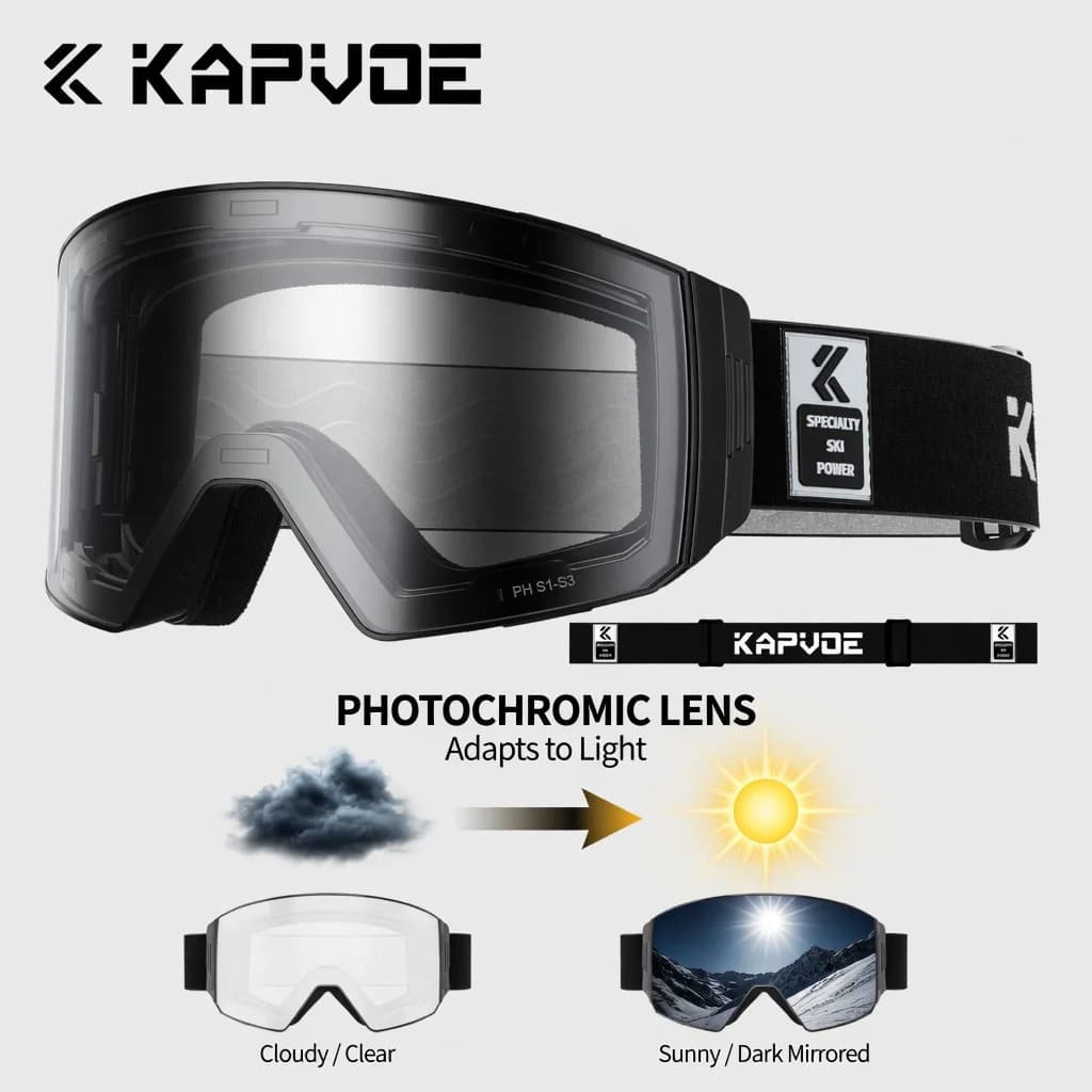 Kapvoe Snow Goggles Ski Sunglasses Photochromic Magnetic Anti-Fog Lenses UV400 Protection Men Women Ski Goggles Sports Eyewear