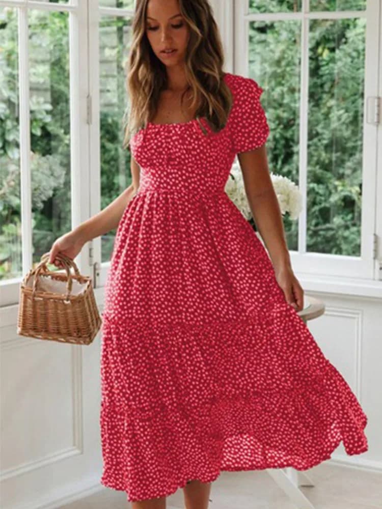 Abiti Vintage con Stampa Floreale, Maniche a Sbuffo, Vestiti Estivi da Spiaggia, Abiti Casual con Collo Quadrato, Vestito Lungo Maxi Floreale da Festa