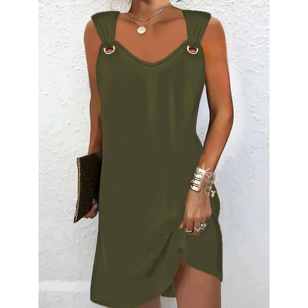Plus Size 1XL-5XL Women's Sleeveless V-Neck Metal Button Detail Dress Vibrant Yellow Mid-Length Casual Summer Dress