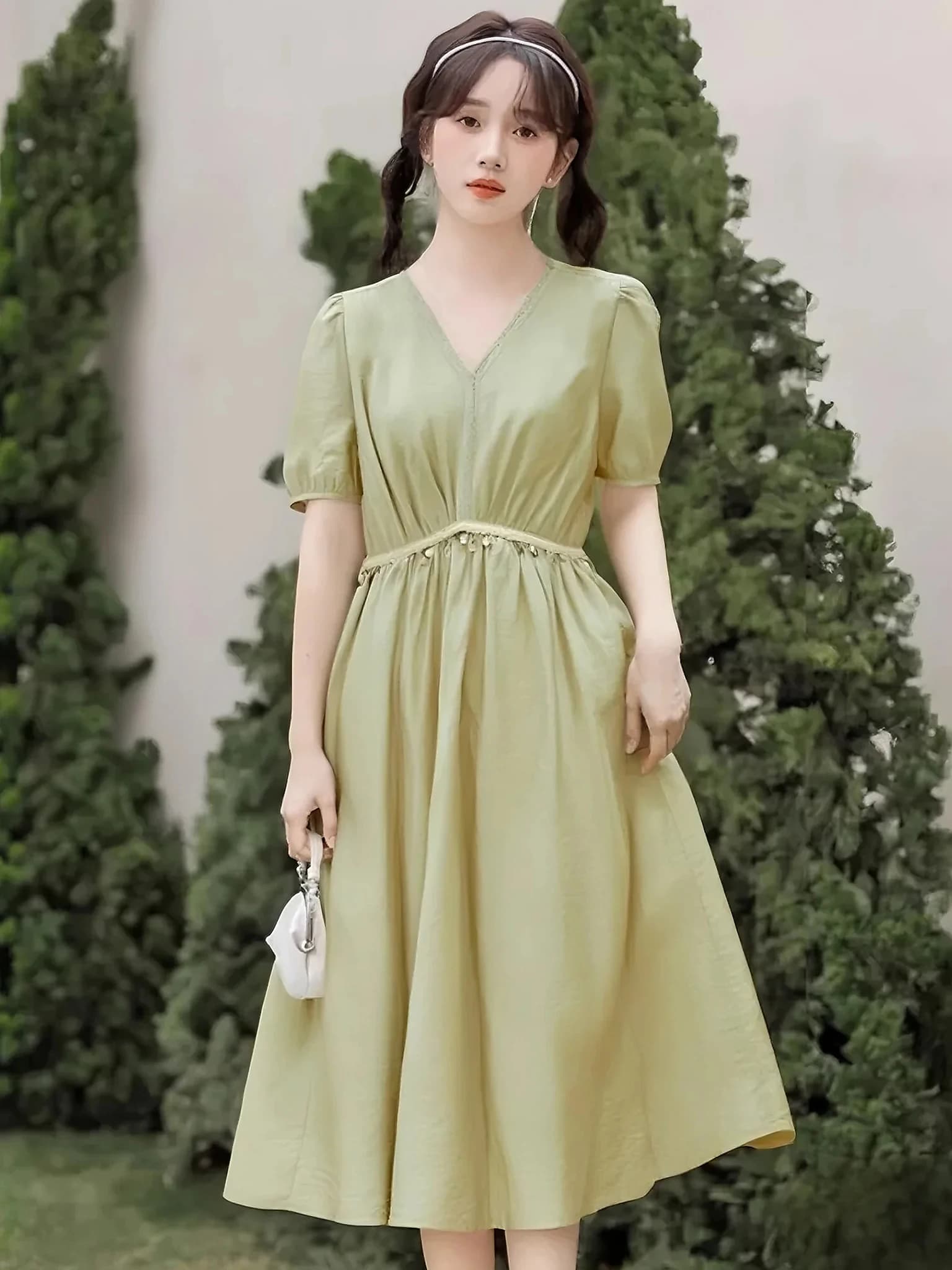 Casual Style V-Neck Dress Women's Summer New Waist-Cinching Long Dress Polyester Fiber High Waist A-Line Skirt Short Sleeve