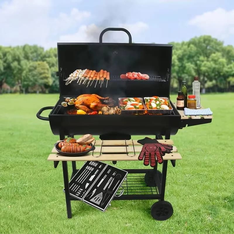 Griglia per Barbecue da Esterno, Fornello Portatile a Carbone con Funzione Affumicatore, Griglia per Spiedini da Picnic e Campeggio per Feste