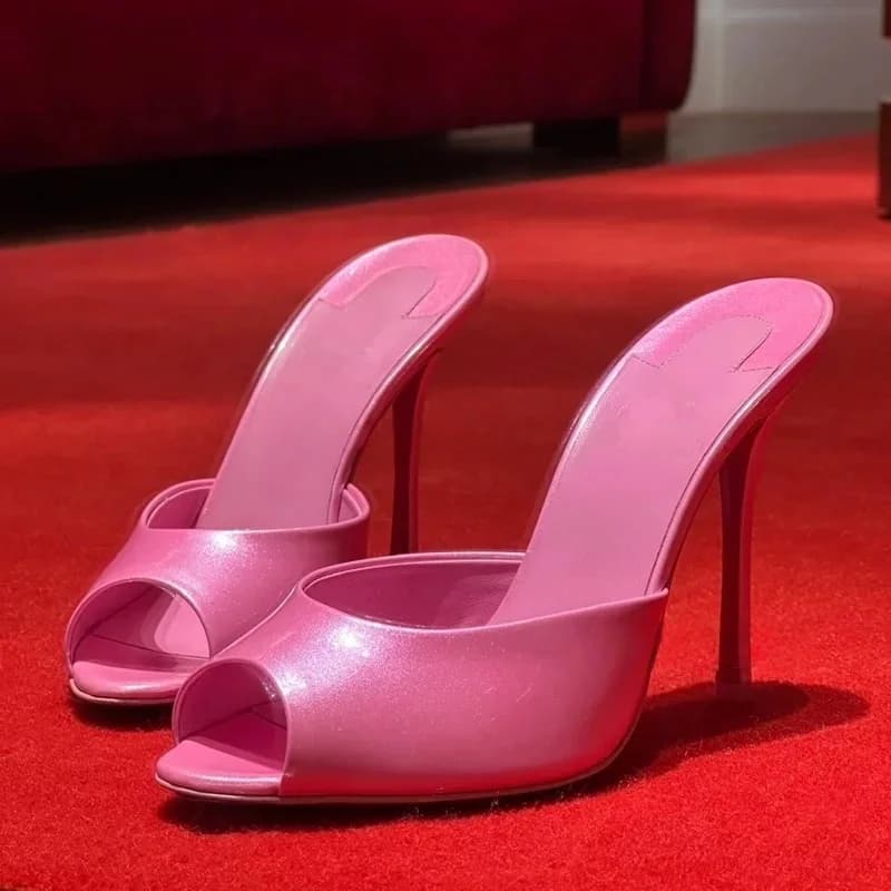 Black Patent Leather Beach Slippers Denim Diamond Purple Shoes Light Pink Shiny Cute Slingback Girls Open Heels Peep Stiletto