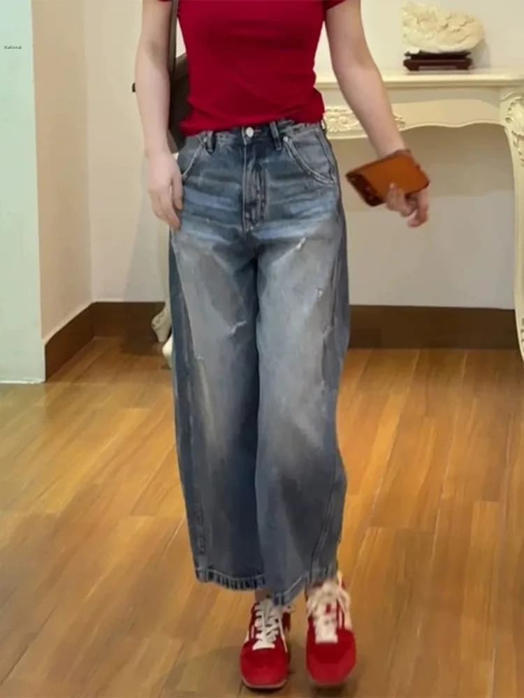 High Waist Wide Leg Jeans Women's Summer 2026 New Washed Distressed Straight Cut Slimming Small Size Loose Nine Point Pants