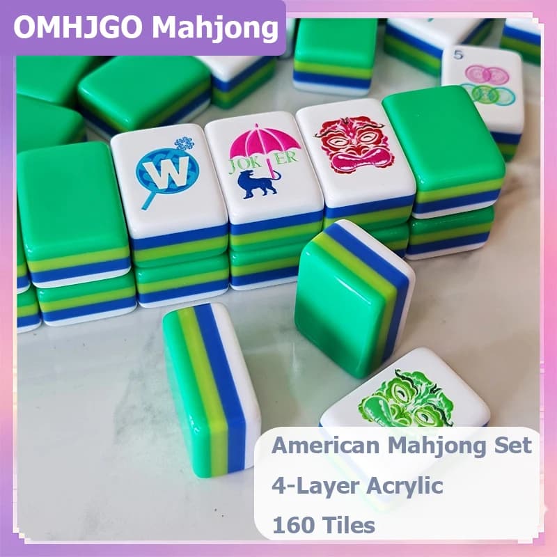 OMHJGO Luxury American Mahjong Set 4-Layer Acrylic Green Travel Mahjong Tiles Portable Mah Jongg Sets for Family Entertainment