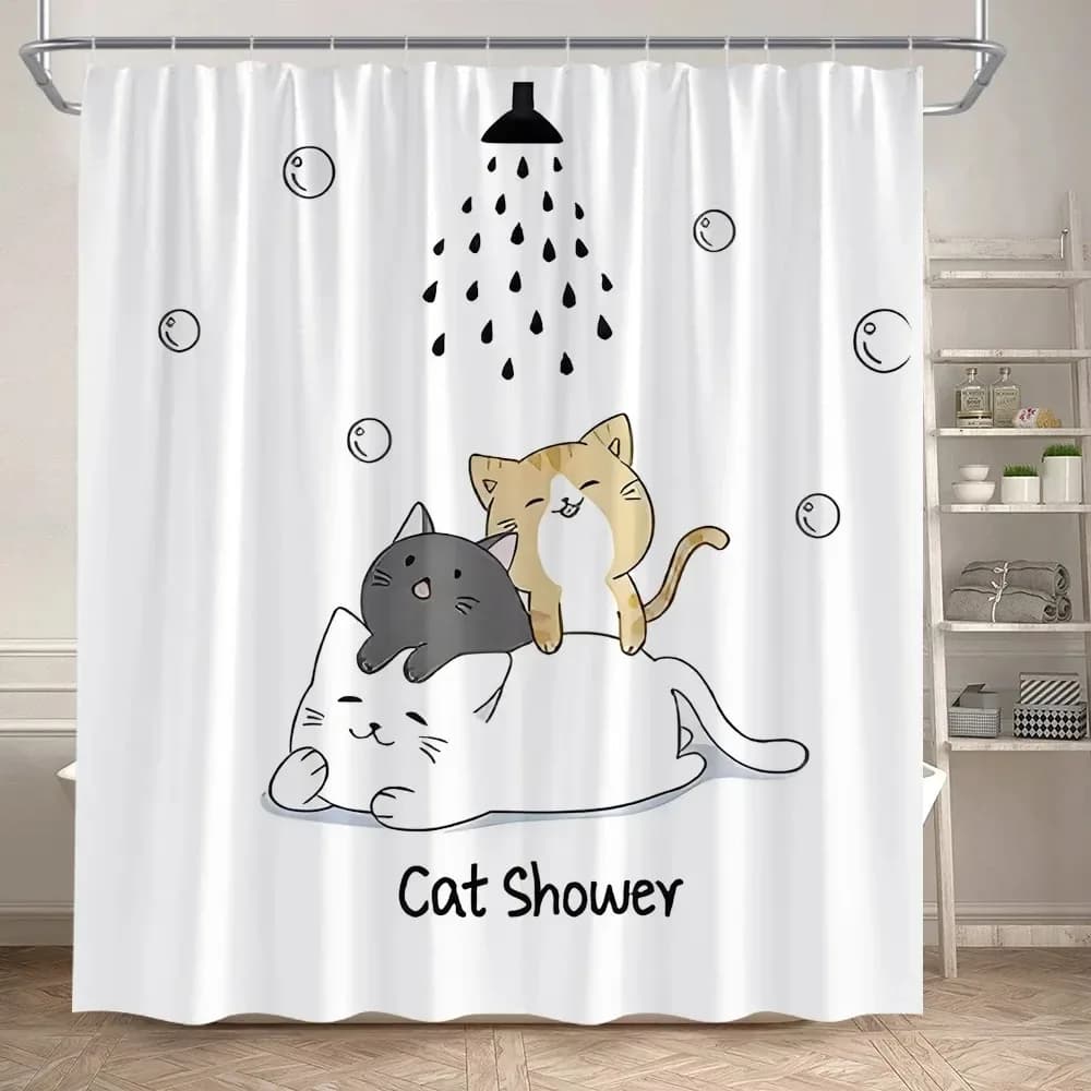 Divertenti cartoni animati Gatti da bagno Tende da doccia Simpatici animali Pet Cat Tenda da bagno per bambini Poliestere Decorazioni per il bagno per bambini con ganci