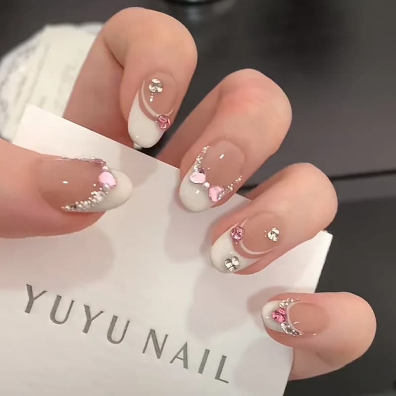 10 pezzi bianco francese rosa cuore diamante manicure arte delicato dolce corto ovale artificiale indossare unghie patch copertura completa premere on