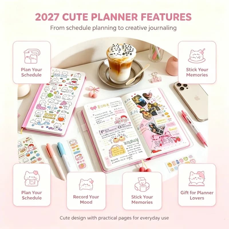 2027 Weekly Planner Pocket Journal Notebook 2‑Pages‑Per‑Week Cute Animal Illustration Paper Todo List Notebook for Office School
