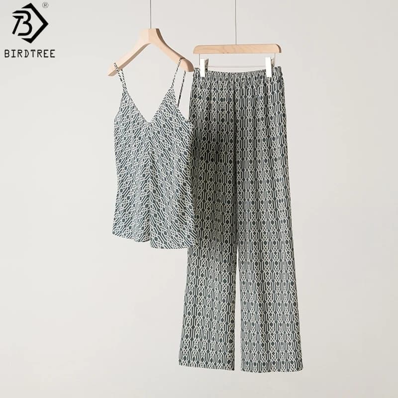 Birdtree,100% Real Silk Print Sling Vests Pants Set,Women Double Crepe Loose Bottoming Tank Tops Long Trousers,2026 New S61611JF