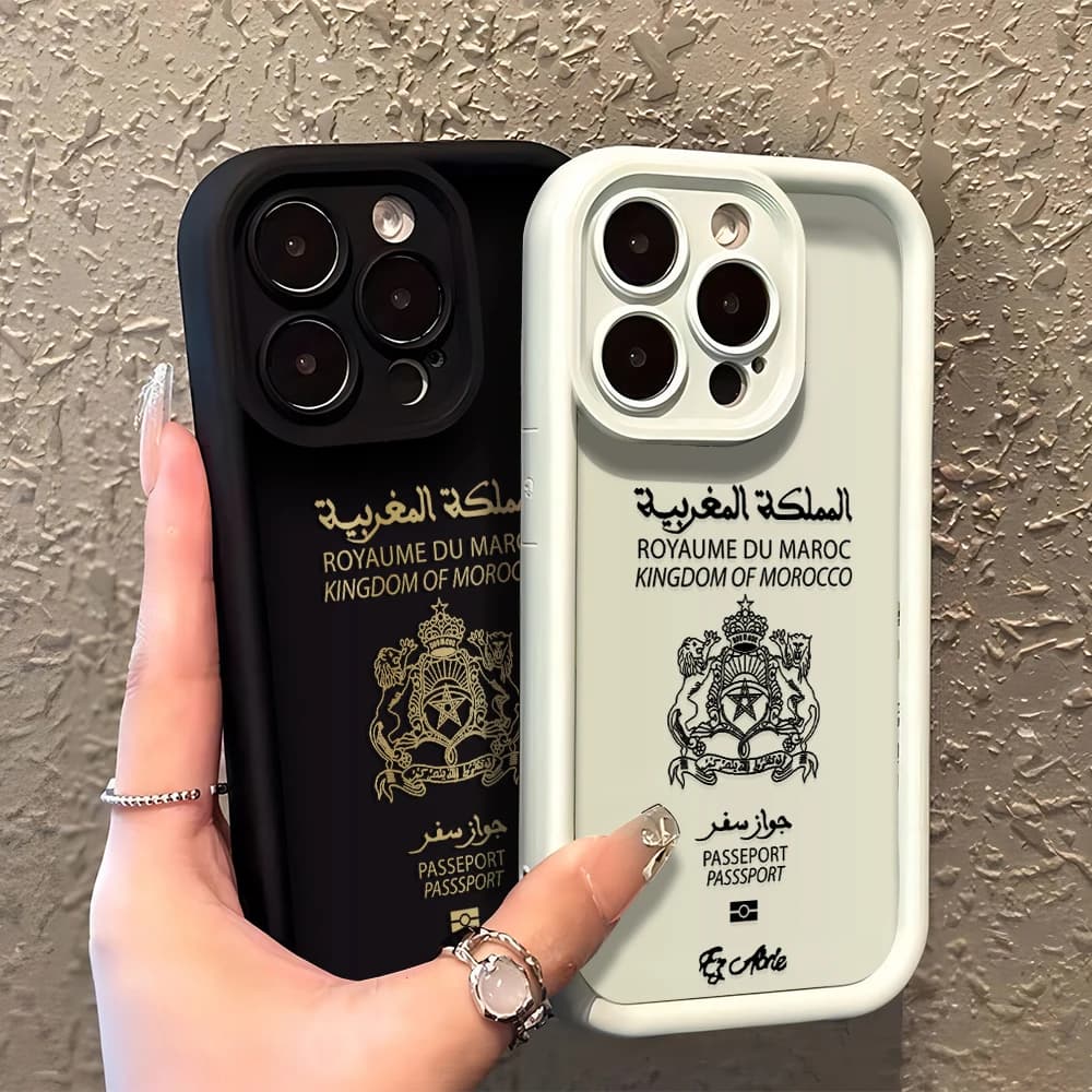 Morocco passport case for IPhone 15 14 13 12 11 Pro Max Mini XR X 7 8 Plus TPU soft back cover with Funda wrist strap