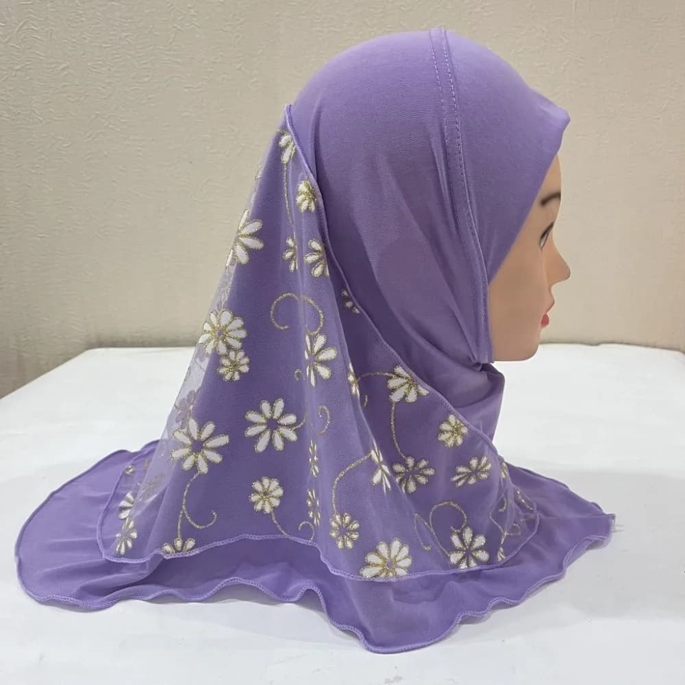 Beautiful Flower Net Small Girl Hijab Pull On Mesh Kids Turban Cap Elastic Solid Cotton Islamic Scarf Shawl Islamic