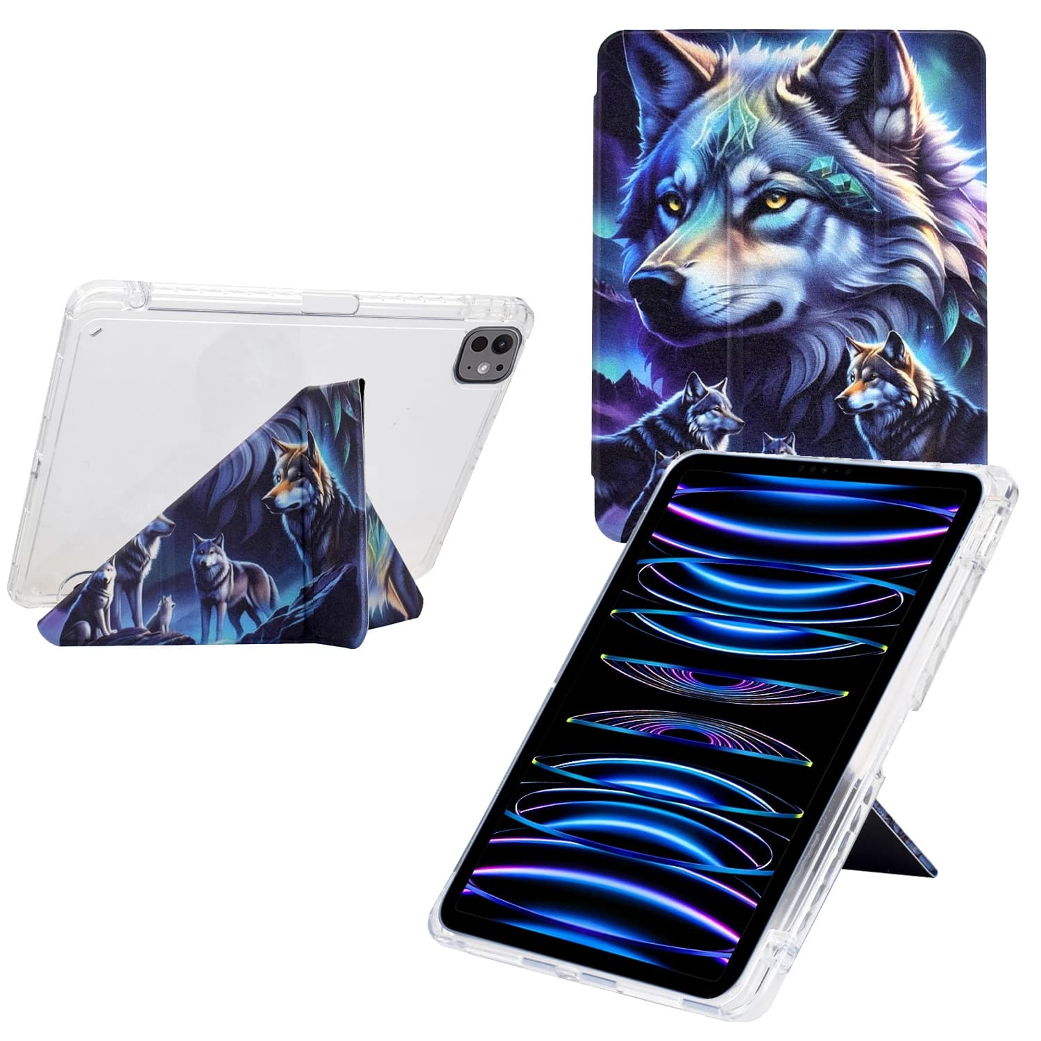 Custodia tablet per iPad Pro 12.9 (2022) / (2021) / (2020) / (2018), pelle con stampa modello supporto + cover in acrilico trasparente con matita