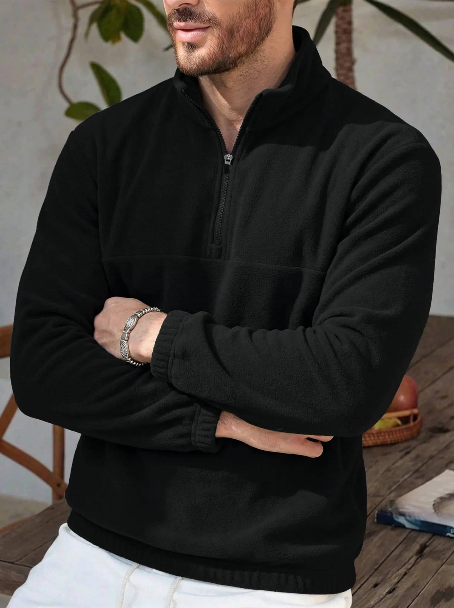 Men's solid color half zip hoodie with stand up collar and loose casual pullover, a popular foreign trade item