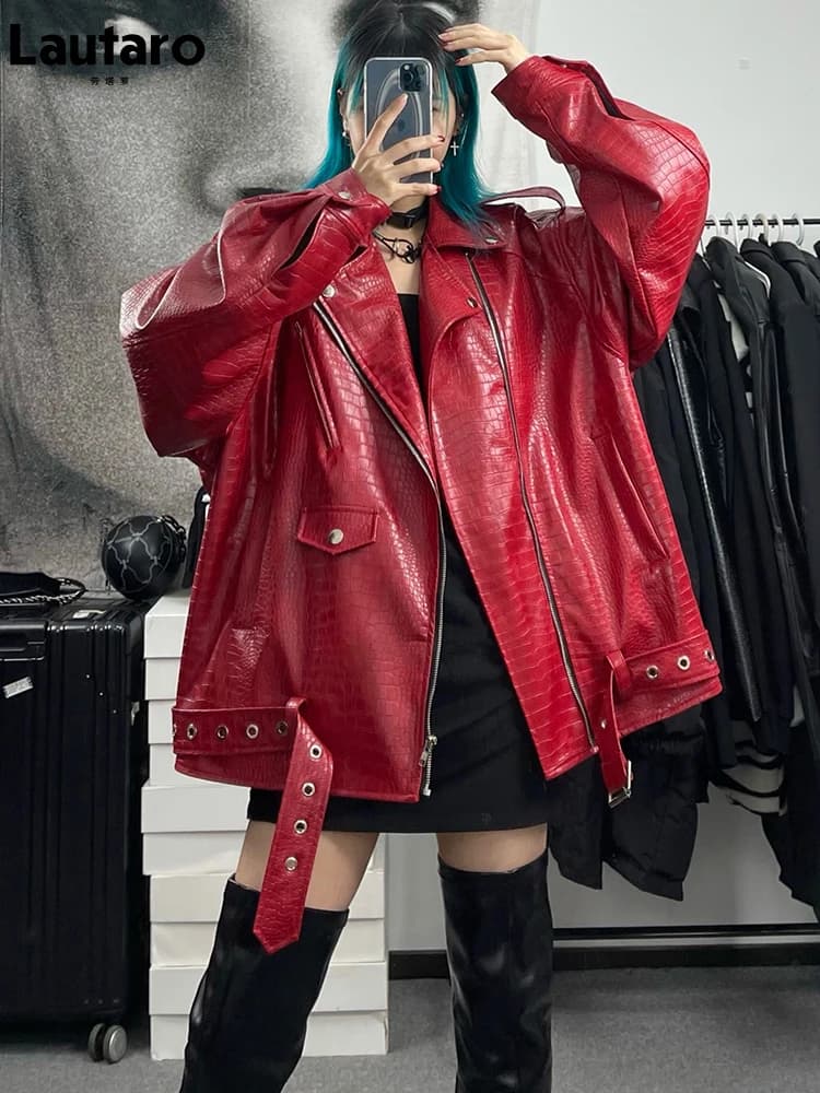 Giacca da motociclista in pelle con motivo a coccodrillo lucido rosso oversize primavera autunno xingaro cintura con cerniera a manica lunga da donna Cool Fashion 2022