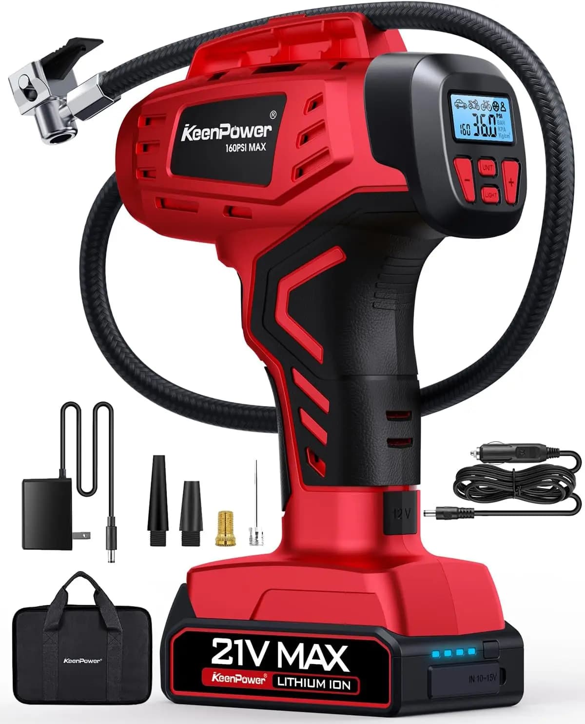 Compressore d'Aria Digitale Portatile con Spegnimento Automatico, 160PSI Max, Batteria Ricaricabile e Alimentazione DC per Auto