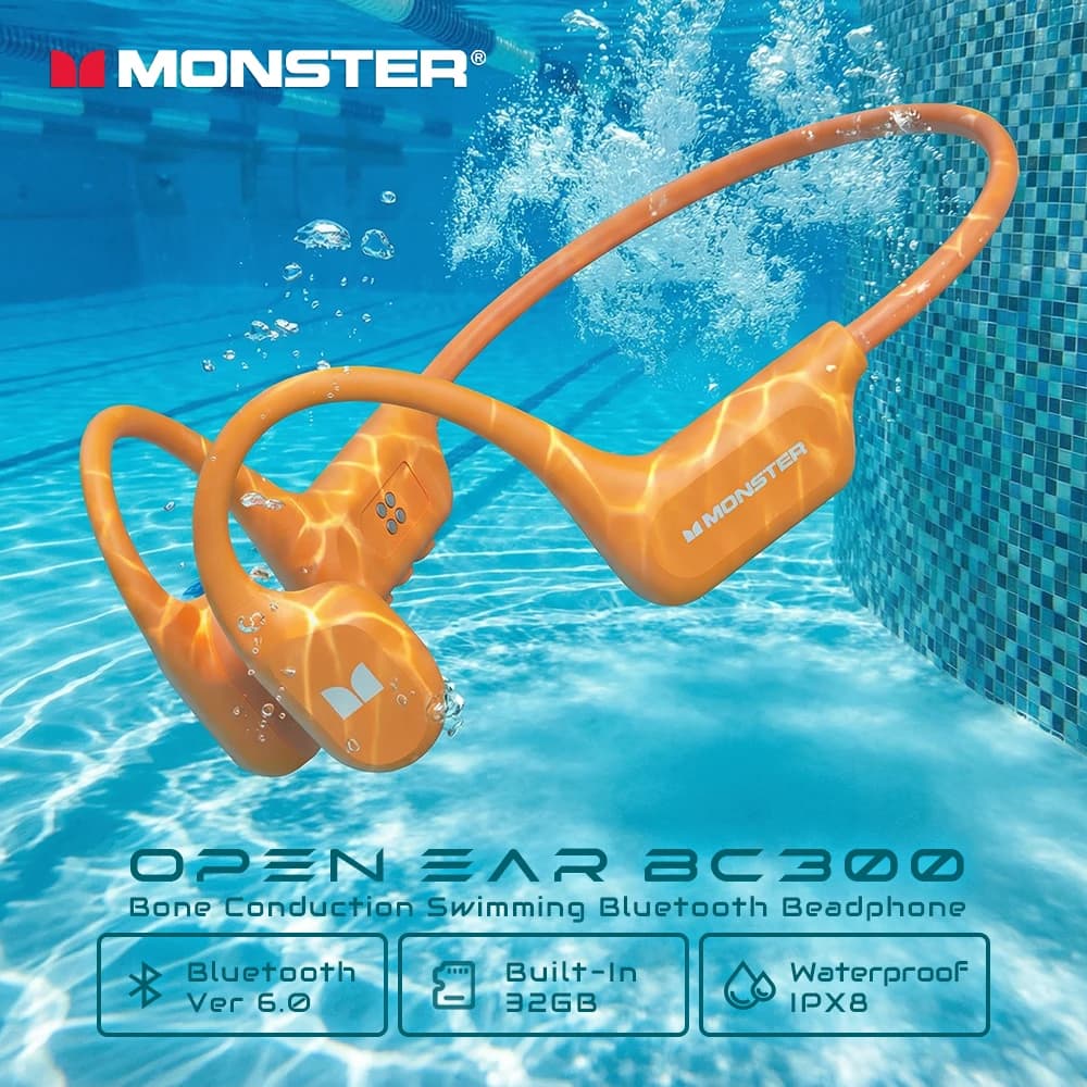 Monster BC300 Auricolari Wireless a Conduzione Ossea, Impermeabili IPX8, con Gancio per Nuoto, Memoria 32GB, Bluetooth 6.0, Cuffie Sportive