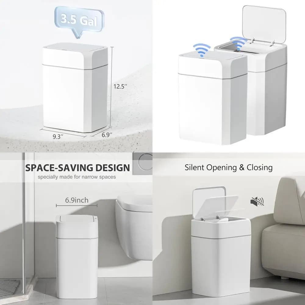 Pattumiera sottile da 3,5 galloni attivata dal movimento con coperchio per bagno, cucina, ufficio - Impermeabile, intelligente, bianco