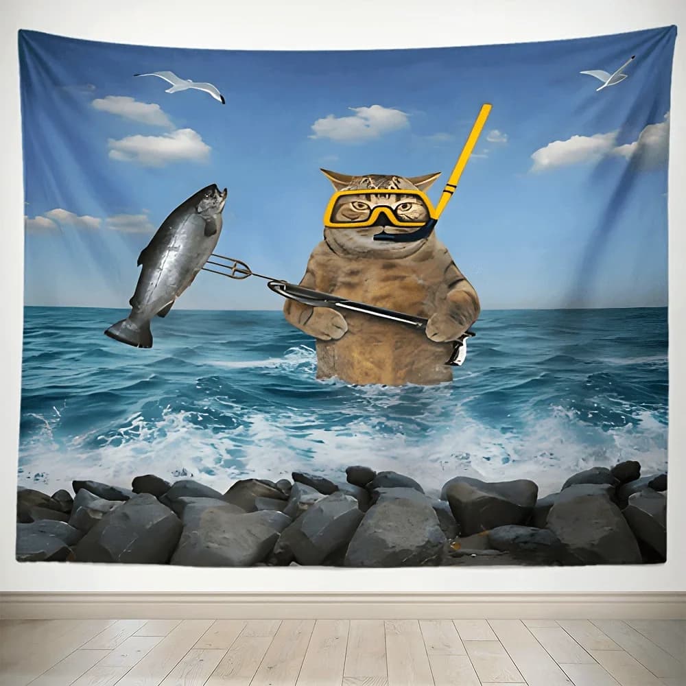 Fun Cat Catching Fish Digital printing polyester wall tapestry suitable for use in living rooms bedrooms offices bars party