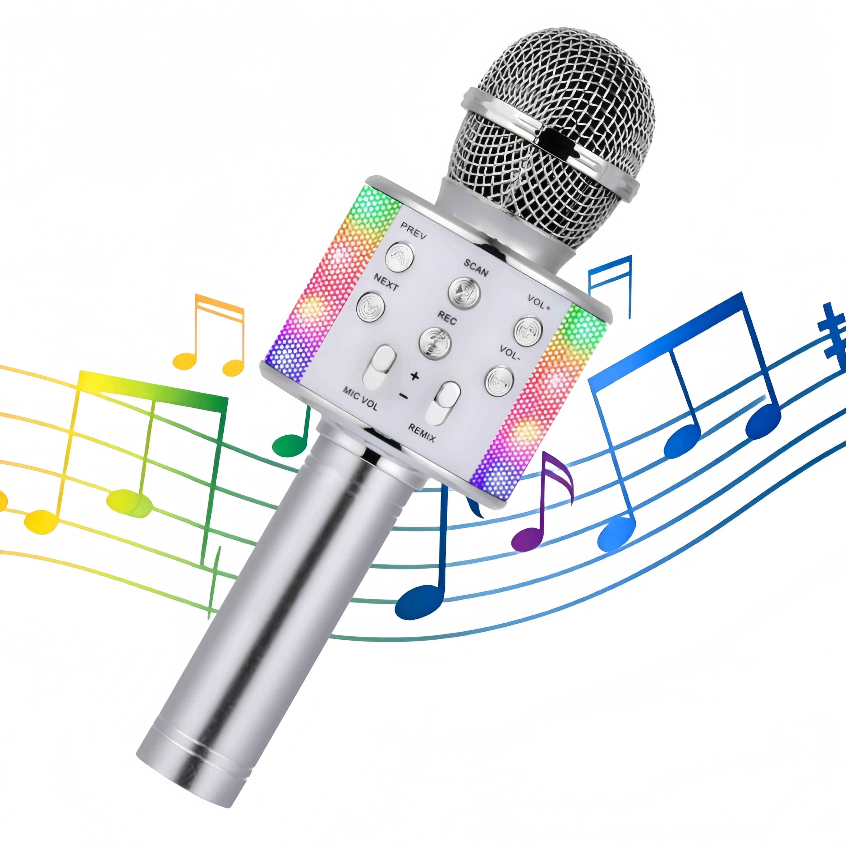 Altoparlante portatile con microfono karaoke, registrazione radio FM, luce LED, 360 ° Microfono con suono surround per riunioni di feste