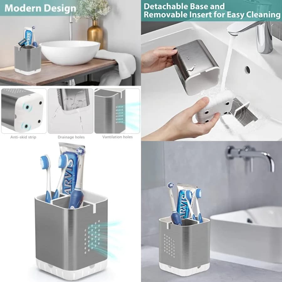 Portaspazzolino e Organizzatore Dentifricio con Drenaggio per Mobile Bagno, Contenitore Antiscivolo Rimovibile in Nichel Spazzolato a 3 Scomparti con Fori di Drenaggio per Pennelli da Trucco e Supporto per Rasoi