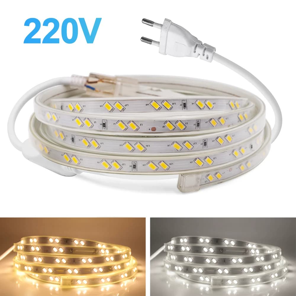 220V LED Strip Light impermeabile SMD5730 68Leds/m Tape Ribbon Diode bianco/bianco caldo flessibile LED Stripe cucina illuminazione esterna