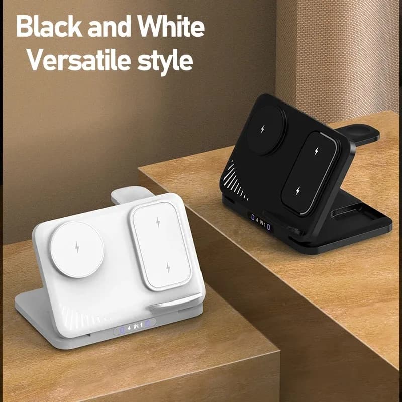 Caricatore Wireless Pieghevole 3-in-1 Nero Bianco, Stazione di Ricarica Rapida Versatile per Samsung S26 S25 S24, Telefono, Orologio, Auricolari