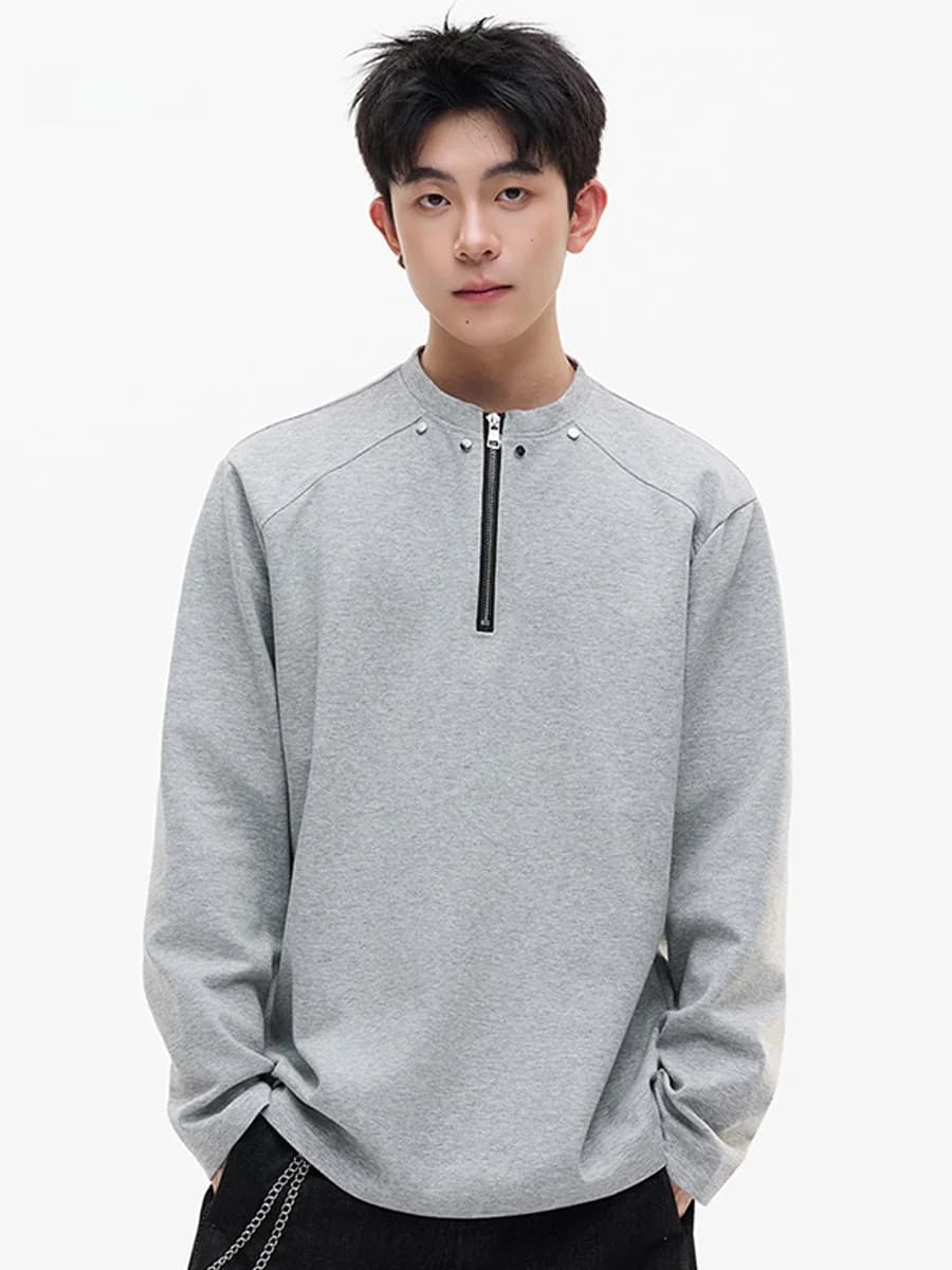 Grey Long Sleeve T-Shirt Men's Autumn Cleanfit Heavyweight Trendy Brand Zipper Rivet Crew Neck Hoodie Jacket Casual Style