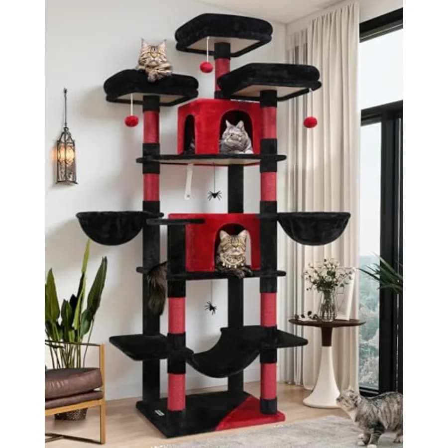 Albero per Gatti Gotico 80 Pollici per Gatti da Interno, Torre XXL con Tiragraffi, Amaca, 3 Posti, 2 Cucce, 2 Cesti Sospesi, Nero