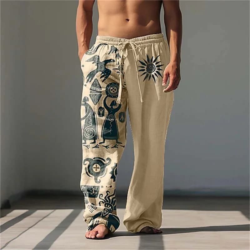 2026 Men's Retro Print Casual Pants, Breathable Loose-Fit Wide-Leg Streetwear With Drawstring Comfort Trousers