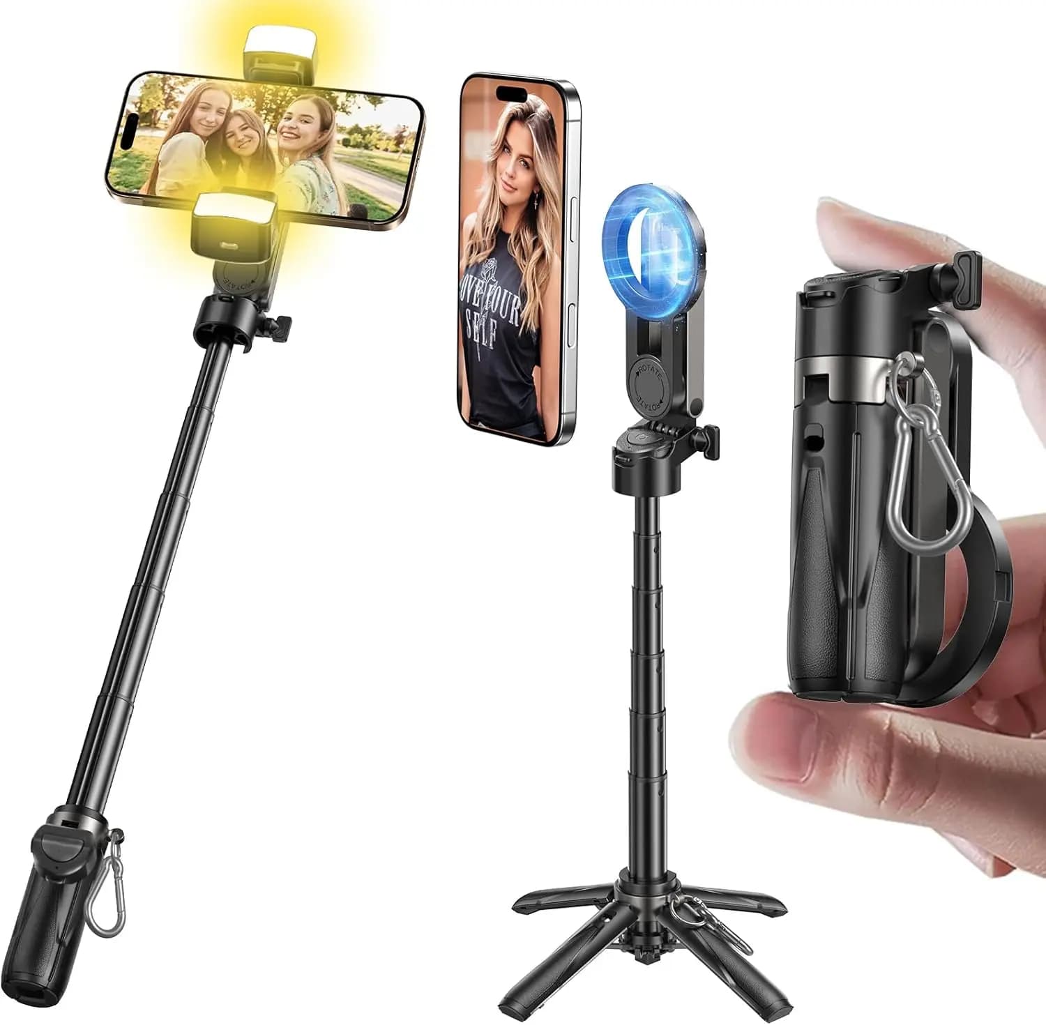 Phone Tripod with 2 Selfie Light, Portable Pocket Size Selfie Stick with Detachable Remote for Photograph, Live Streaming, Video