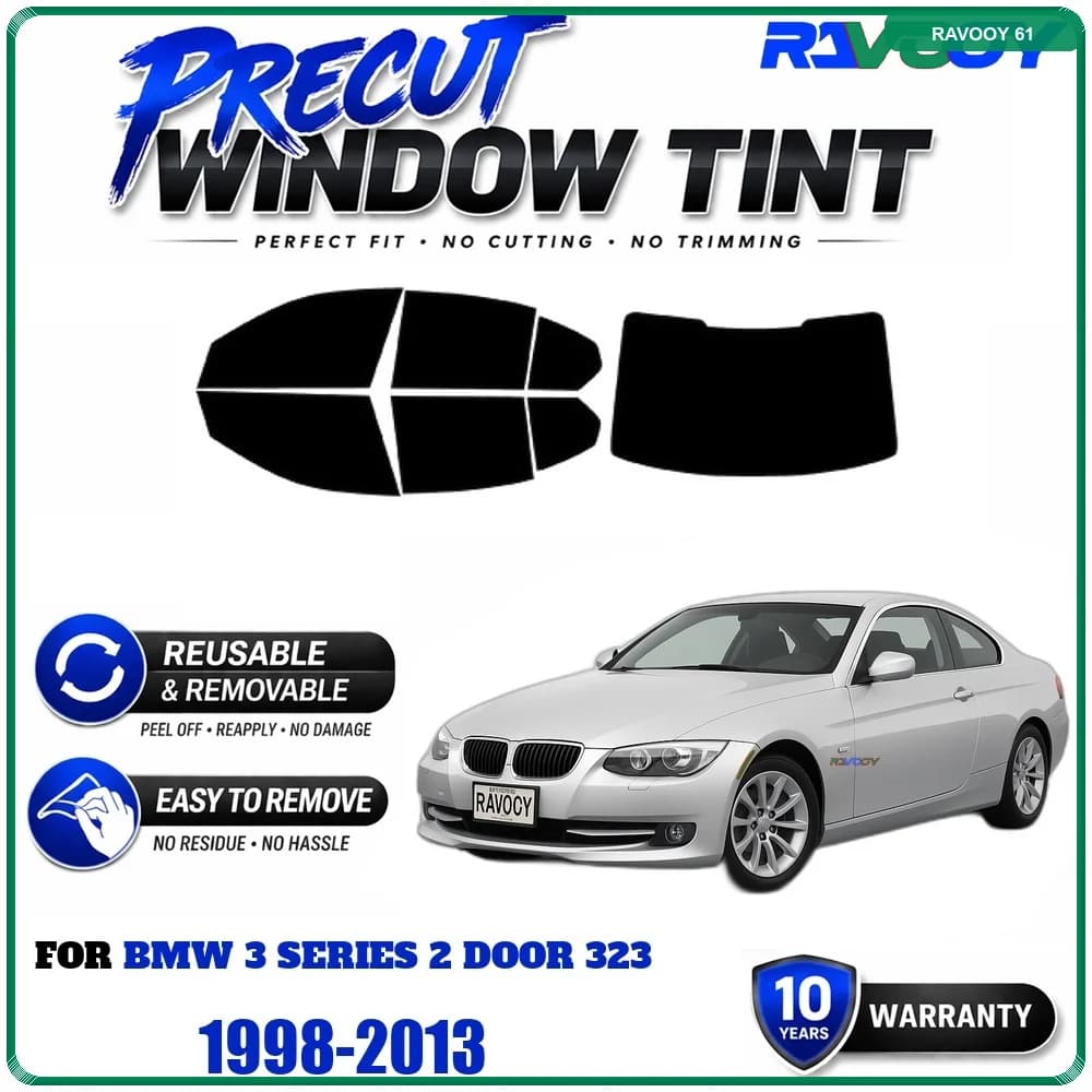 RAVOOY Precut Window Tint, Reusable Removable EPU Film, Custom Fit for Bmw 3 Series 2 Door 323 1998-2013, UV Heat Protection