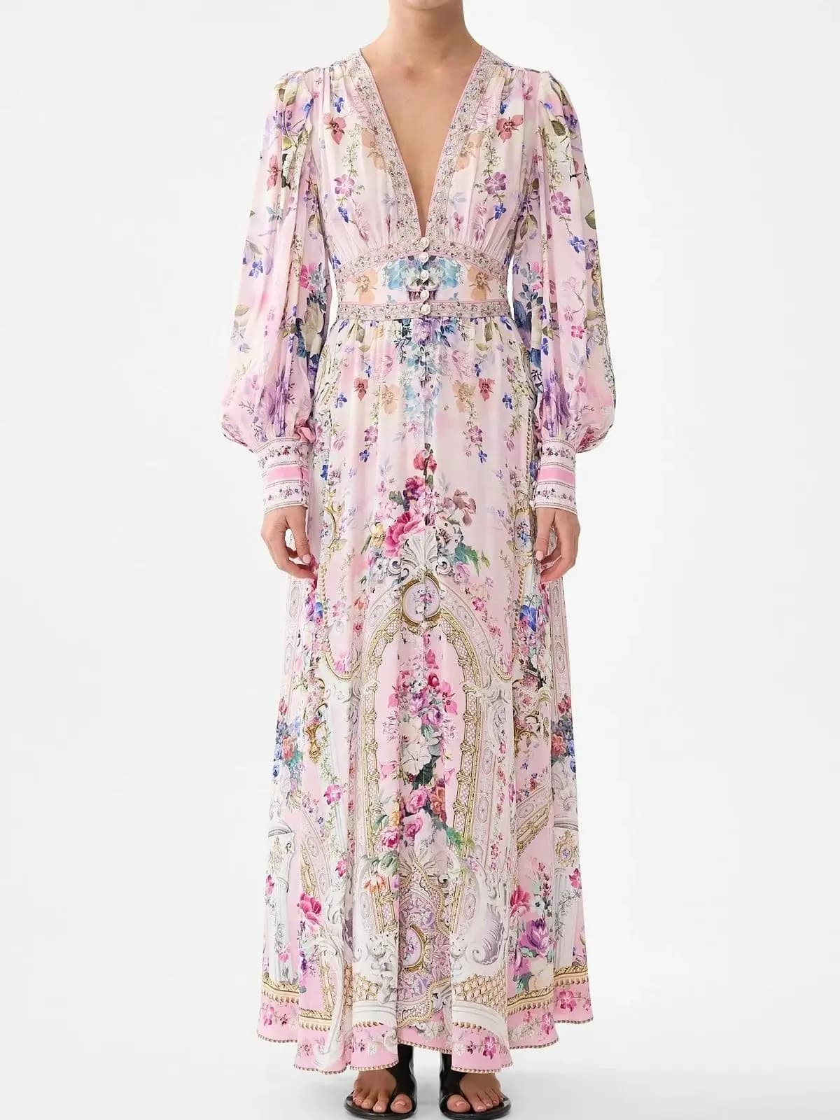 Women's Long Dress in 100% Silk with Floral Print, V-neck with Crystal Beads, Elasticized Life, Lantern Sleeves, Elegant Pink Dress