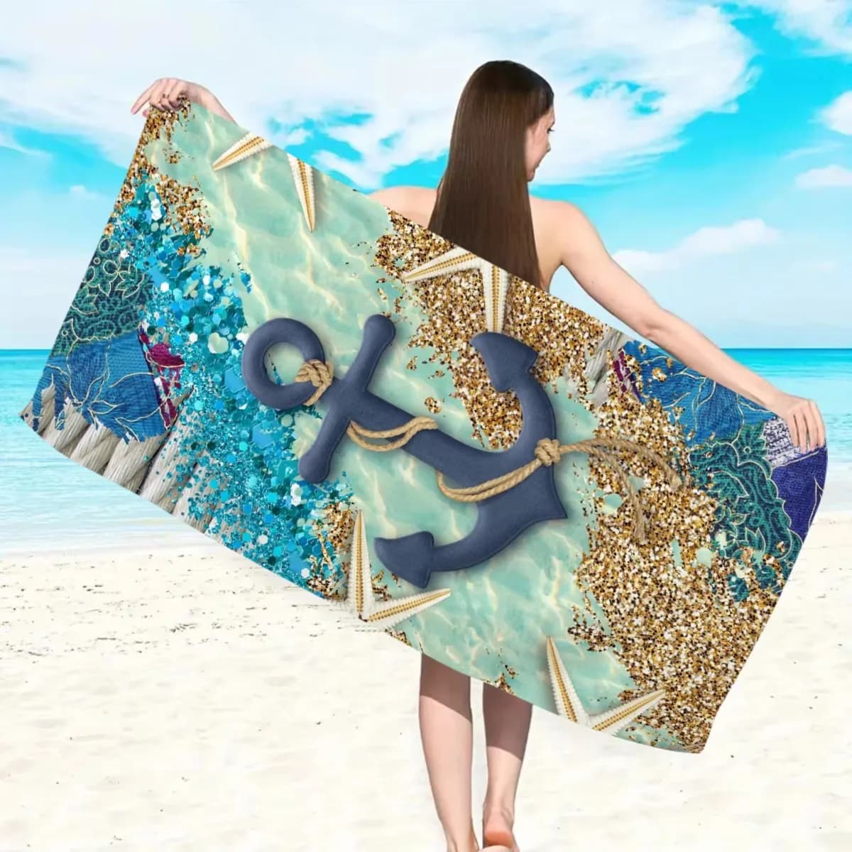1pc Starfish Boat Anchor Ocean Beach Towel, Printed for Swimming Pool Travel Yoga Gym Exercise Towel Summer Gift