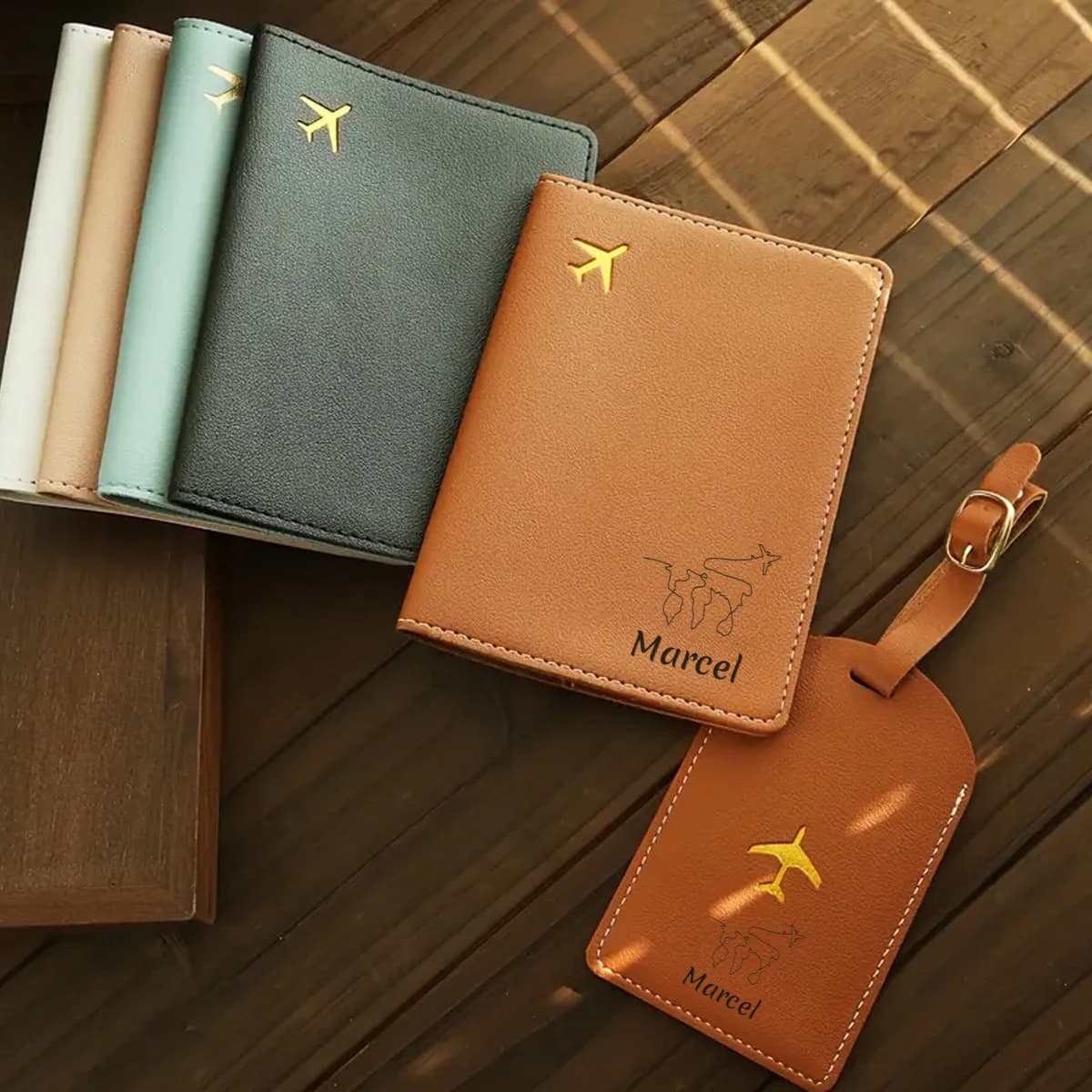 2 custom PU leather passport covers with initial letter, with fashionable printed pattern, detachable luggage label, privacy protection