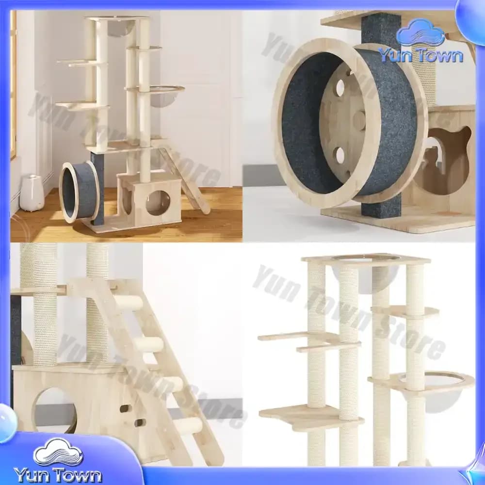 Cat Tree House Solid Wood Cat Climbing Tree Tower Running Wheel Furniture Indoor with Treadmill
