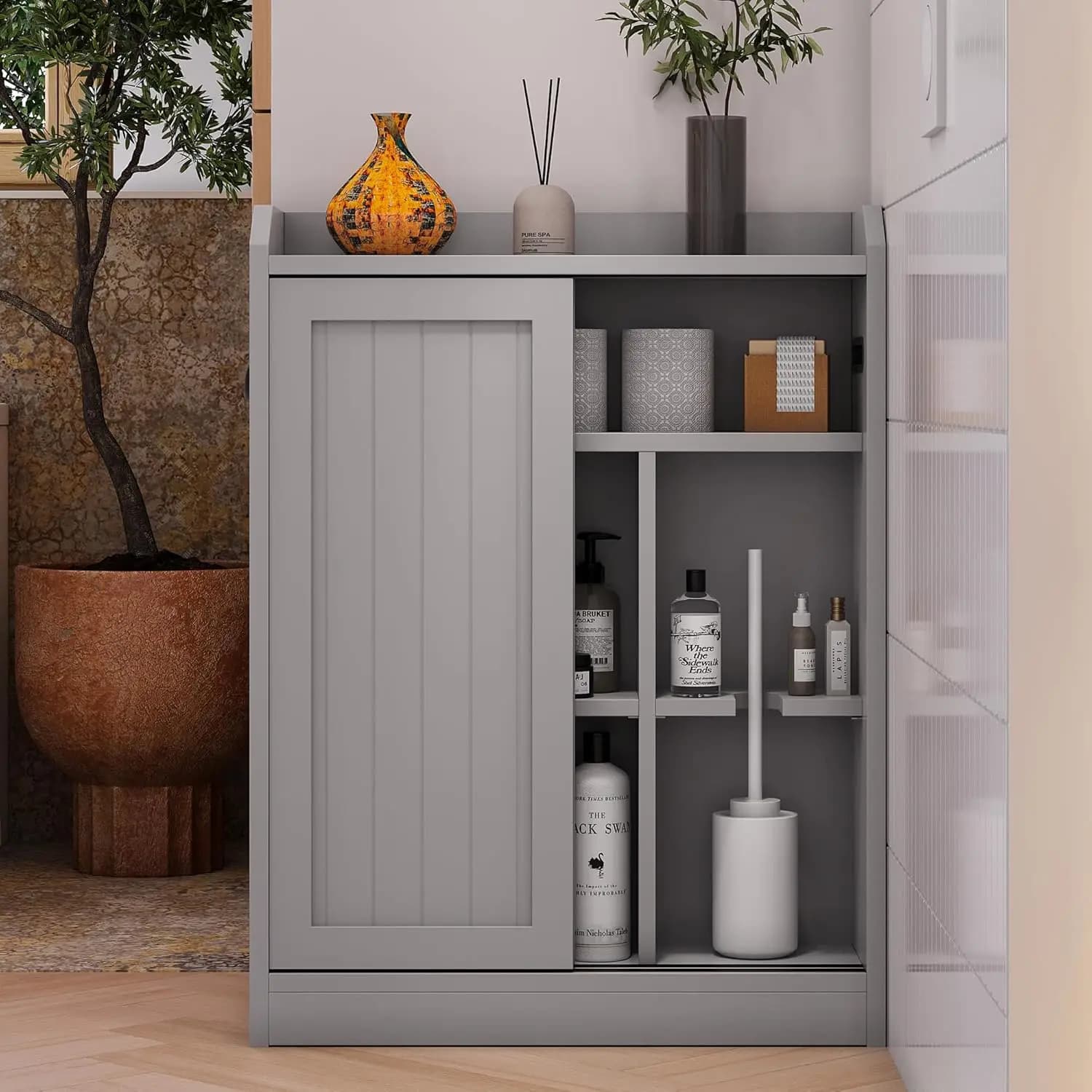 Mobiletto Sottile per Bagno, Porta Carta Igienica, Porta Scorrevole, Sottile per Installazione Dietro la Porta, Ripiano per Spazzole, Regolabile, Grigio, Personalizzabile