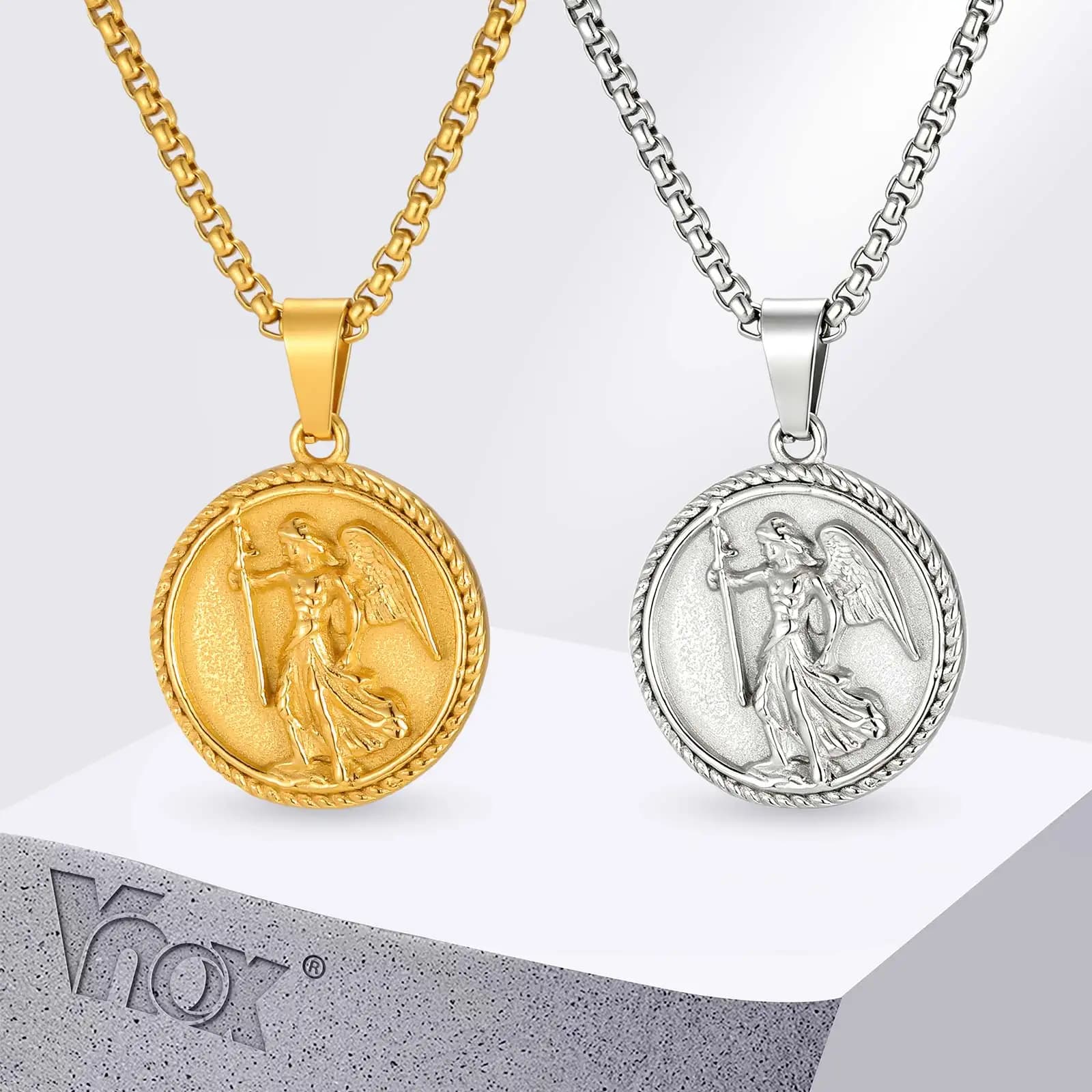 Vnox Archangel Michael Pendant Necklace for Men, Retro Angel Coin Medallion Stainless Steel Box Chain Necklaces Jewelry Gift