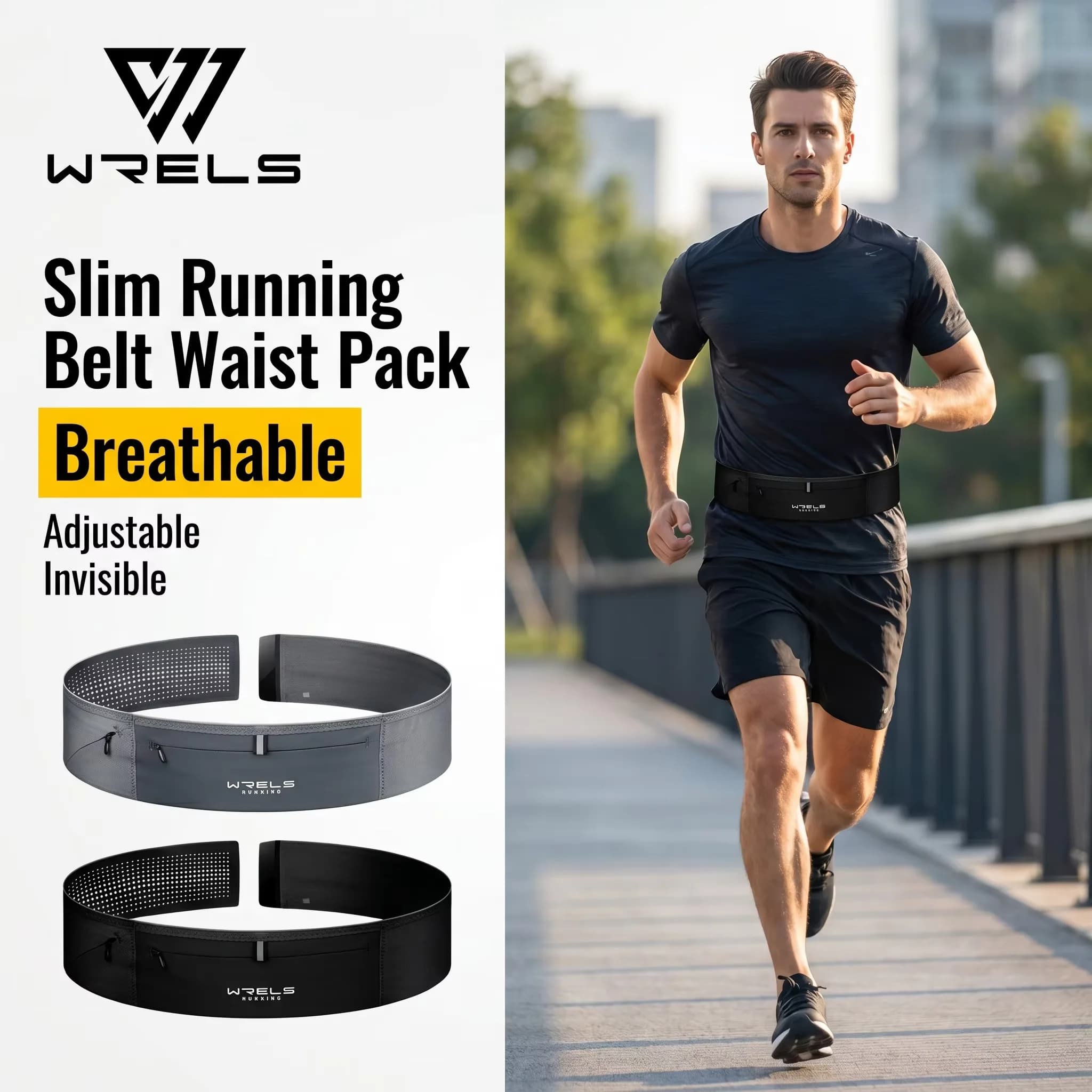WRELS Waist Pack Breathable Slim Running Belt Adjustable Fanny Pack Velcro Mesh Foldable Elastic Bottle Holder Running Pack